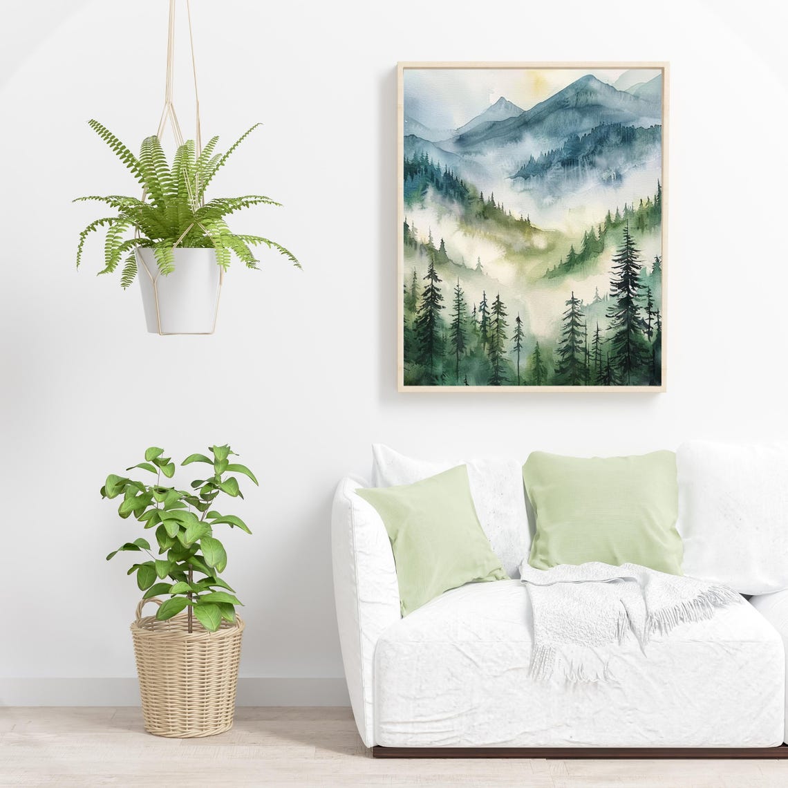 Misty Mountain Forest Watercolor Foggy Peaks Landscape Poster - Image 6