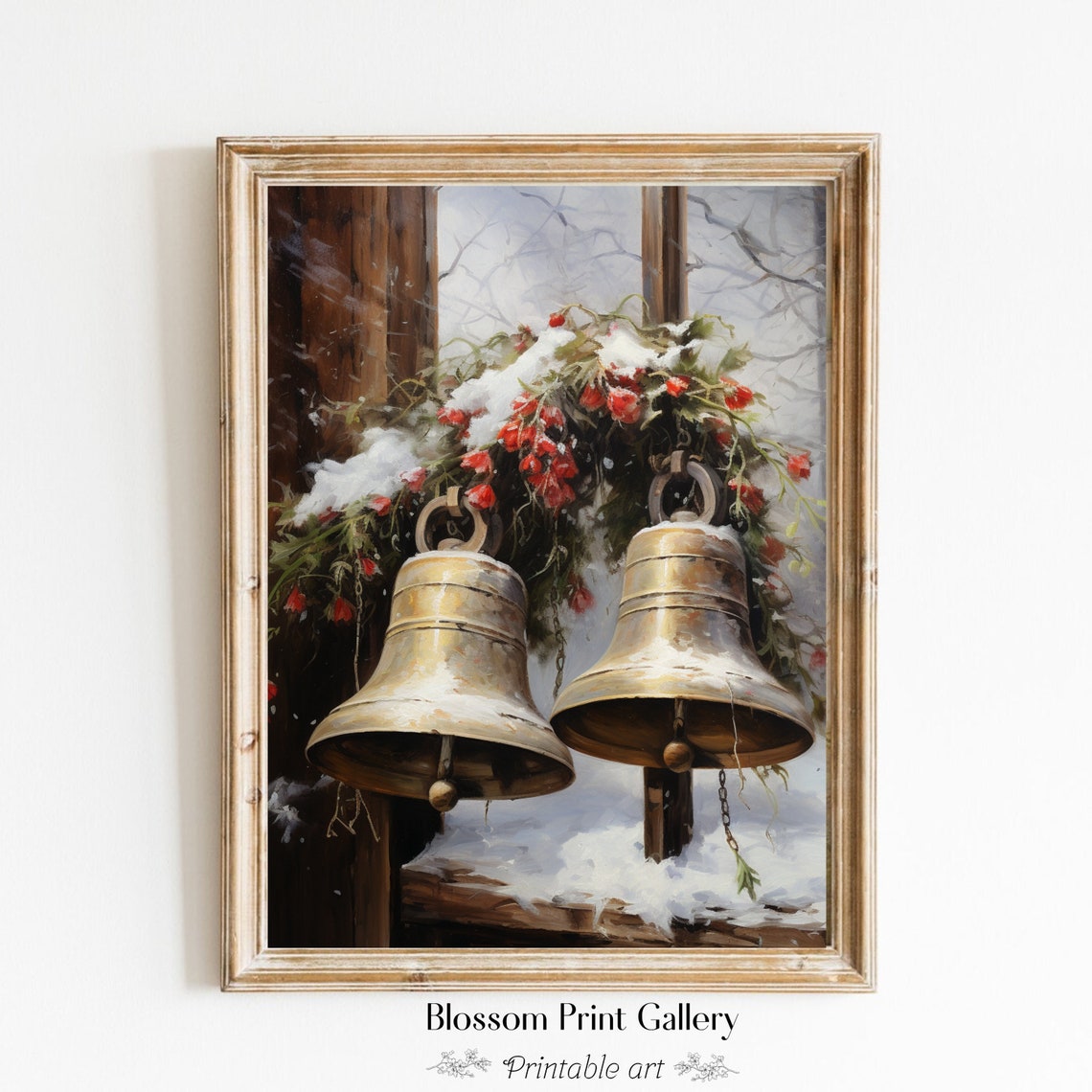 Brass Christmas Bells with Snow and Winterberries Painting Poster - Image 6