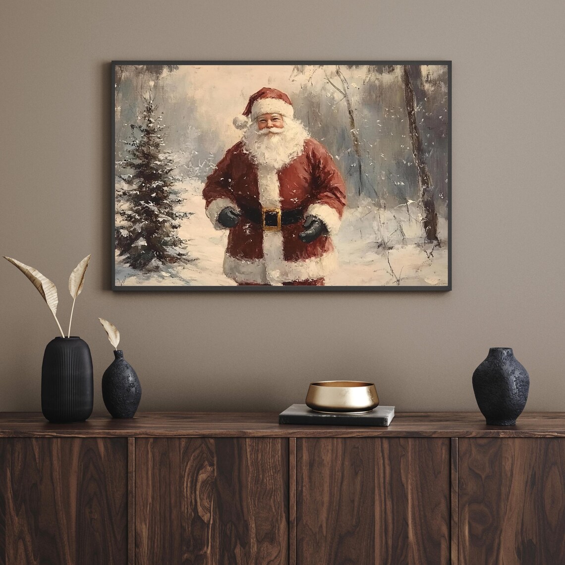 Vintage Santa Claus Walking Snowy Winter Forest Oil Art Poster - Image 3