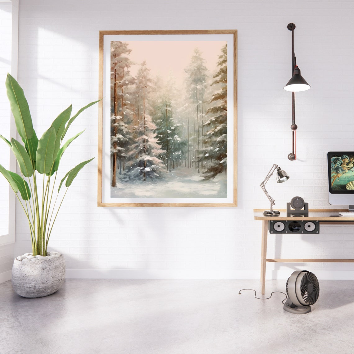Misty Snowy Pine Forest In Soft Blush Tones With Falling Snow Print - Image 5