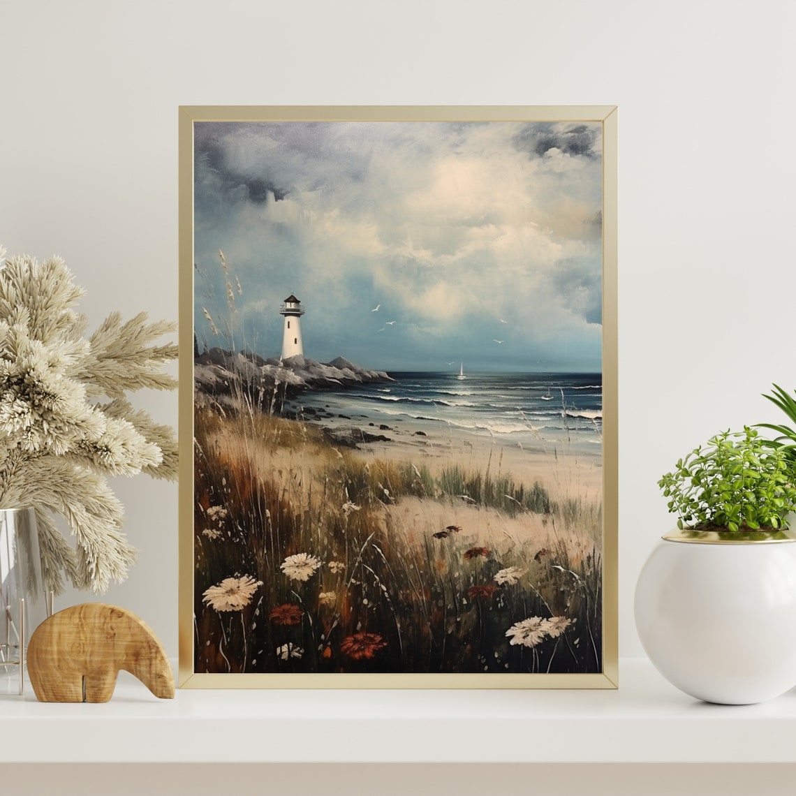 Moody Lighthouse on Rocky Coast Seascape Oil Painting Poster - Image 3