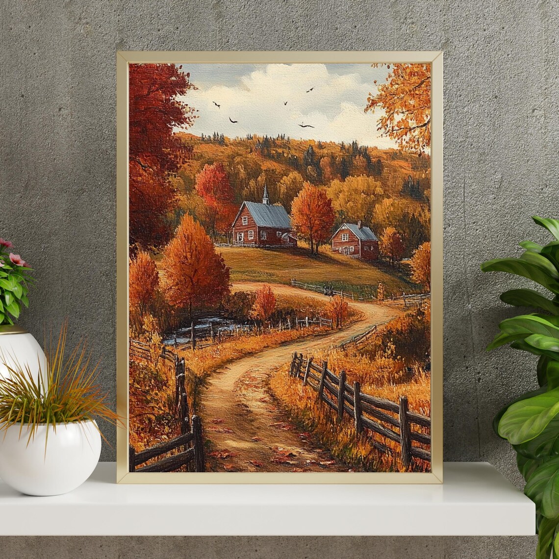 Autumn Farm Landscape with Red Farmhouse and Country Road Poster - Image 2