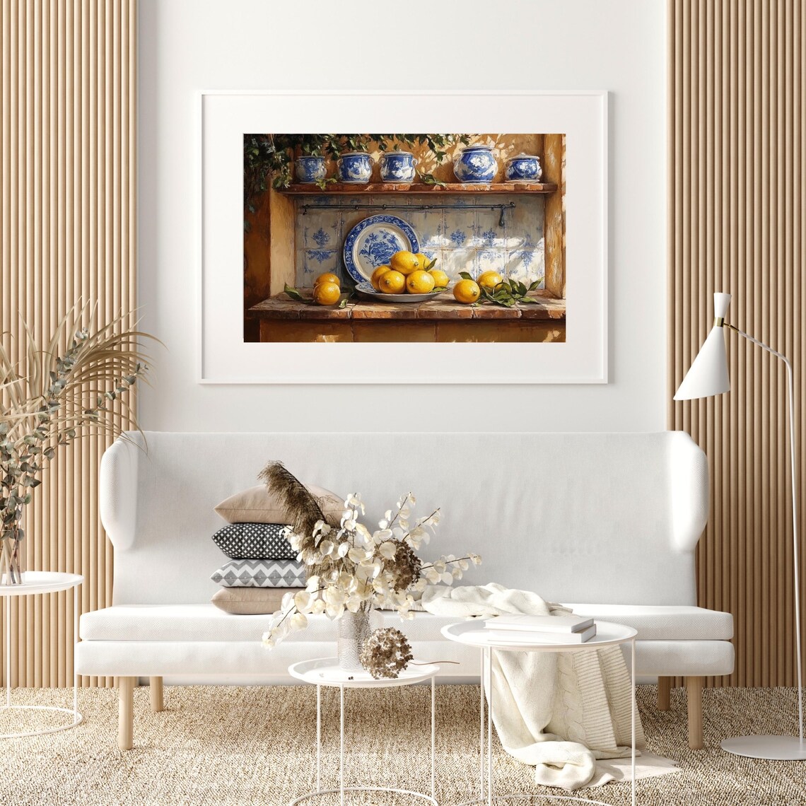 Mediterranean Kitchen Still Life Lemons Blue White Pottery Sunny Poster - Image 2