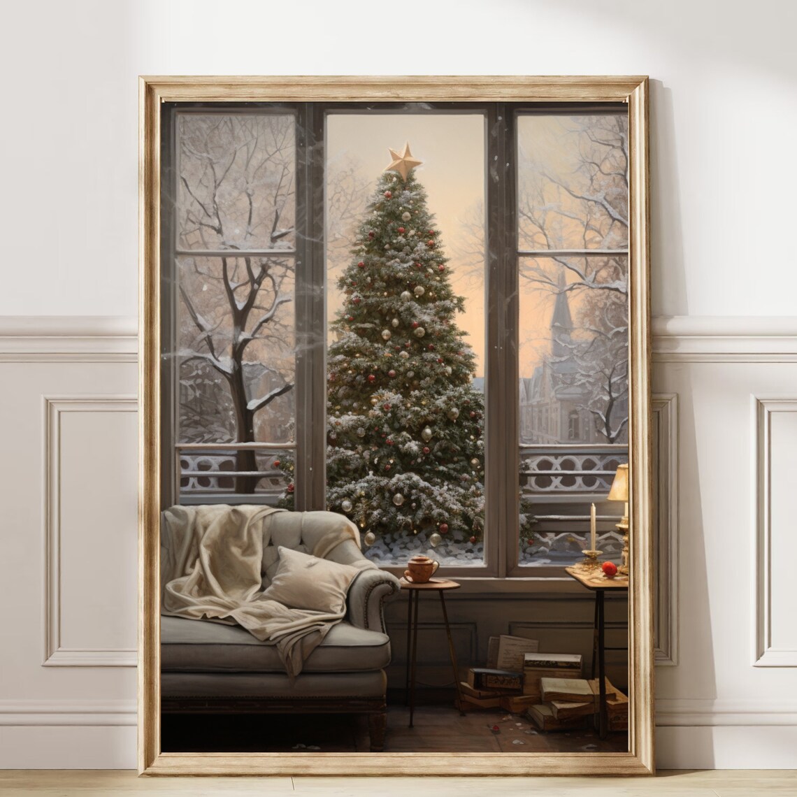Cozy Armchair by Window with Snowy Christmas Tree Painting Poster - Image 6