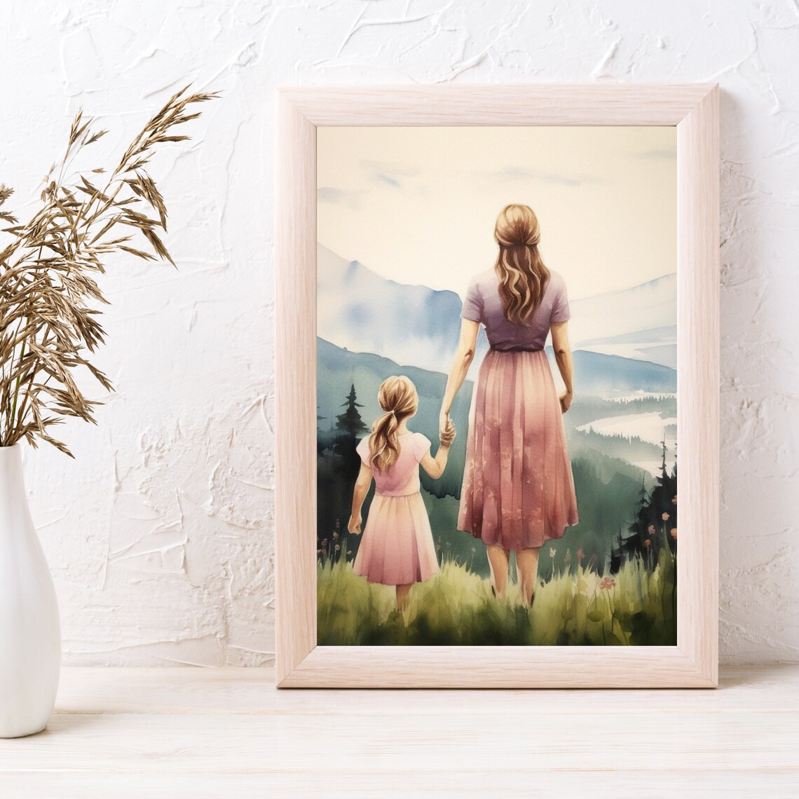 Mother and Daughter Overlooking Mountains Watercolor Painting Poster - Image 4