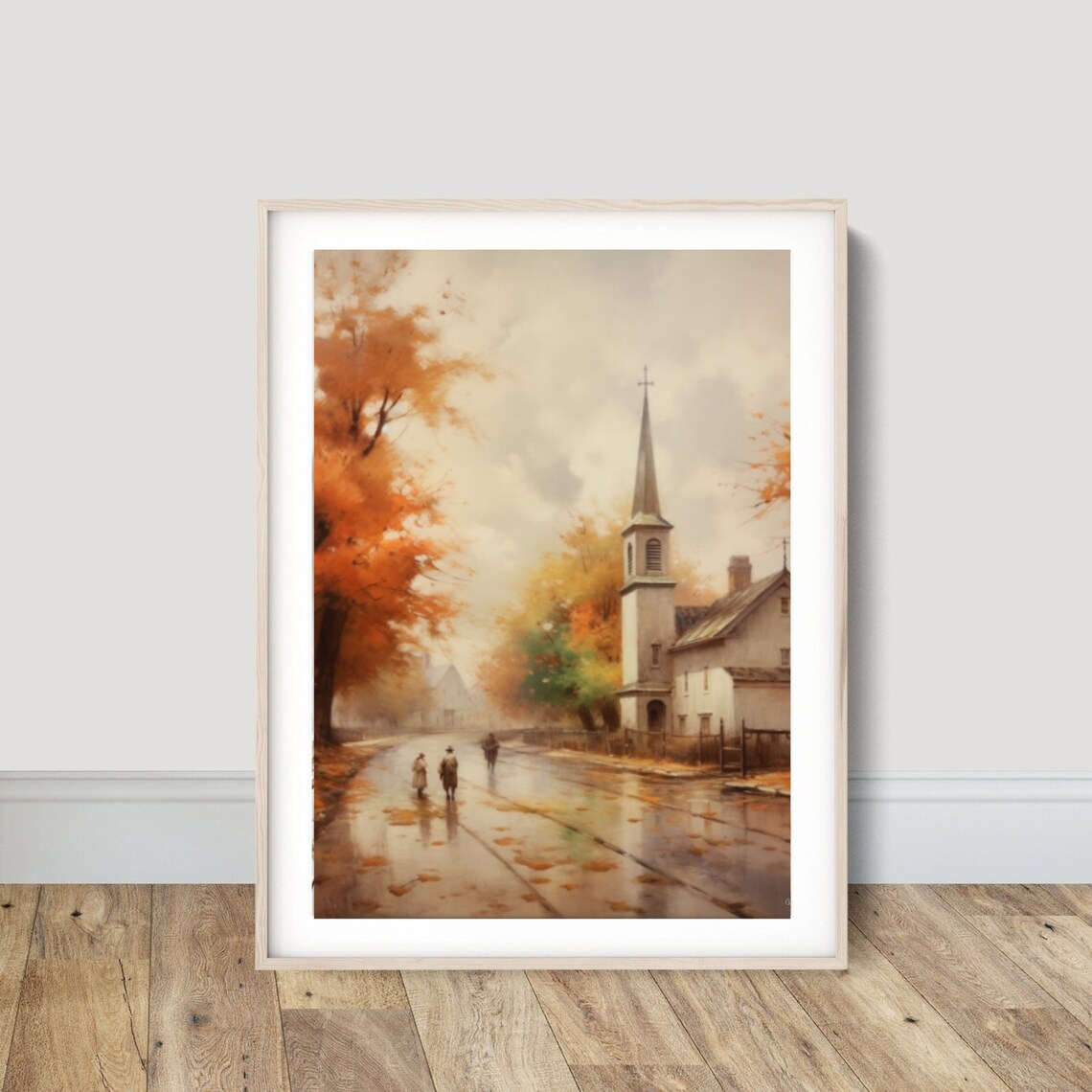 Autumn Village Street with Church in Rain Vintage Painting Poster - Image 6