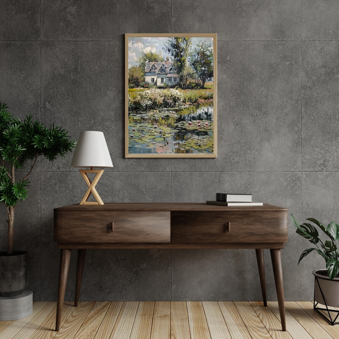 Country Cottage Beside Water Lily Pond Vintage Oil Art Poster - Image 4