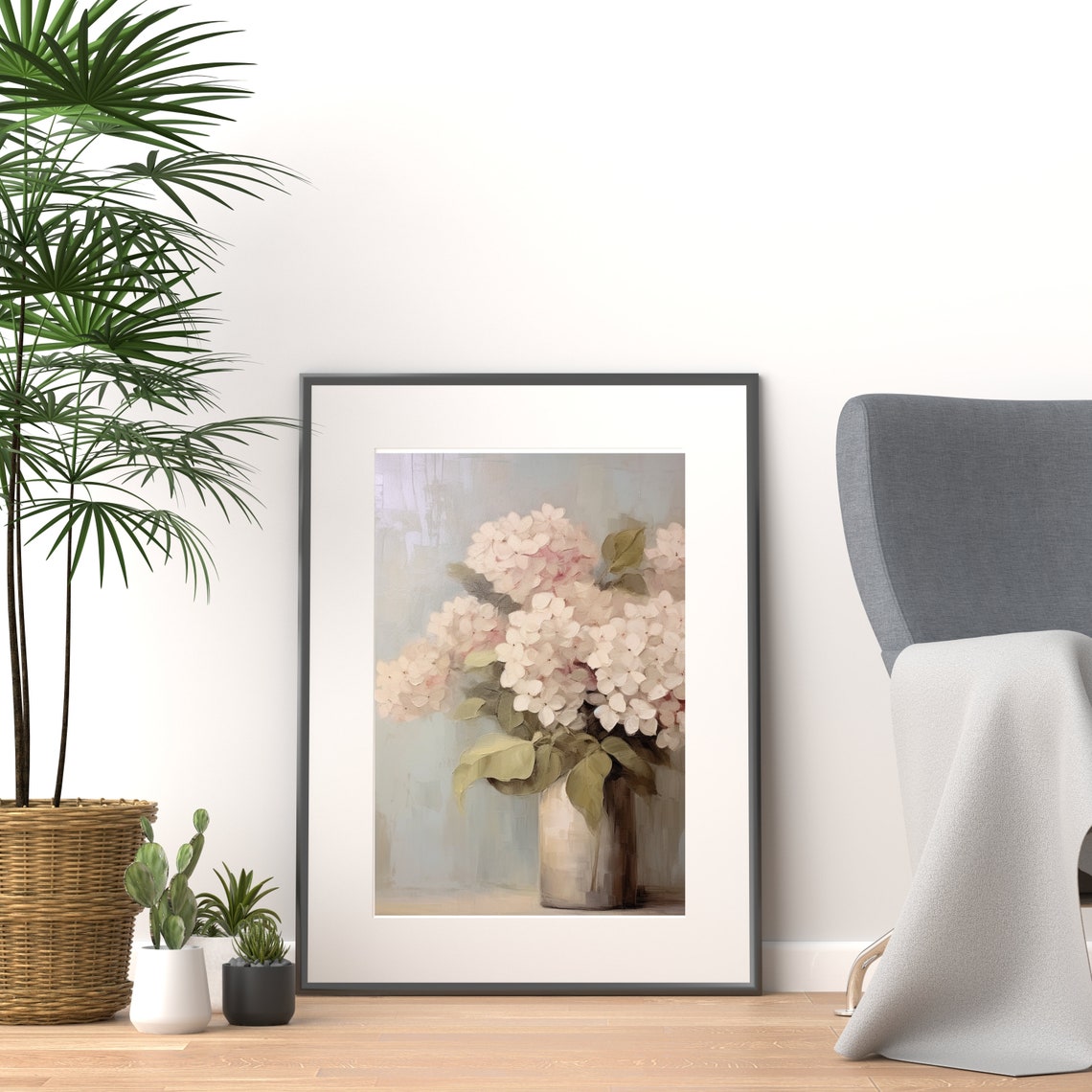 Pale Pink Hydrangeas In A White Vase On A Soft Muted Background Print - Image 3