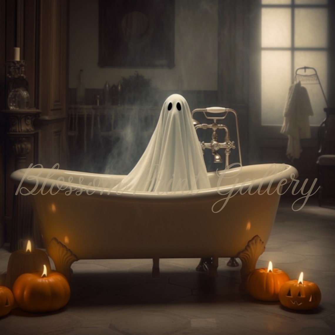 Ghost In Vintage Clawfoot Bathtub With Pumpkins Spooky Poster - Image 3