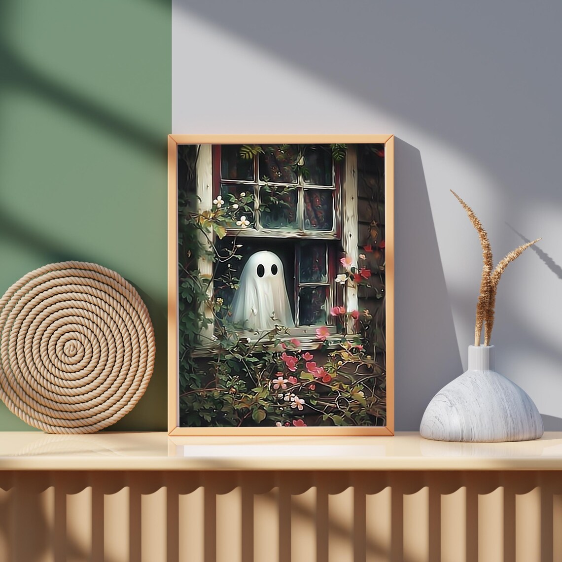 Cute Ghost Peeking Vintage Window Flower Garden Halloween Poster - Image 5