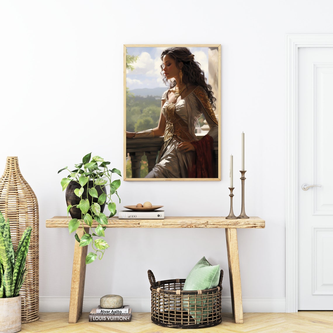 Elegant Woman on a Sunlit Balcony Classical Beauty Portrait Poster - Image 6