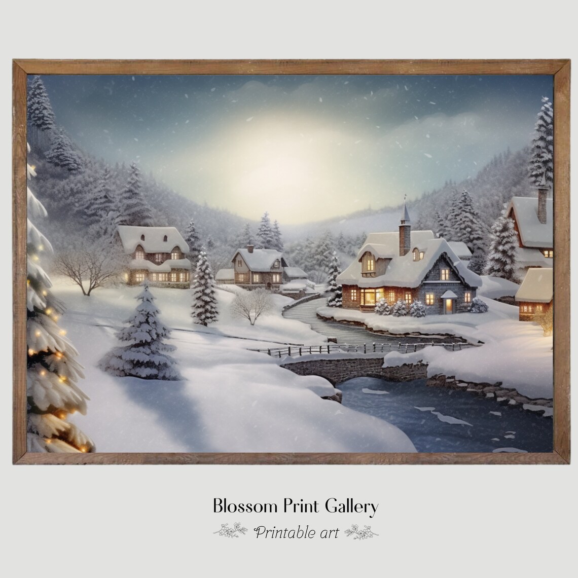 Snowy Christmas Village with Bridge at Dusk Winter Painting Poster - Image 3
