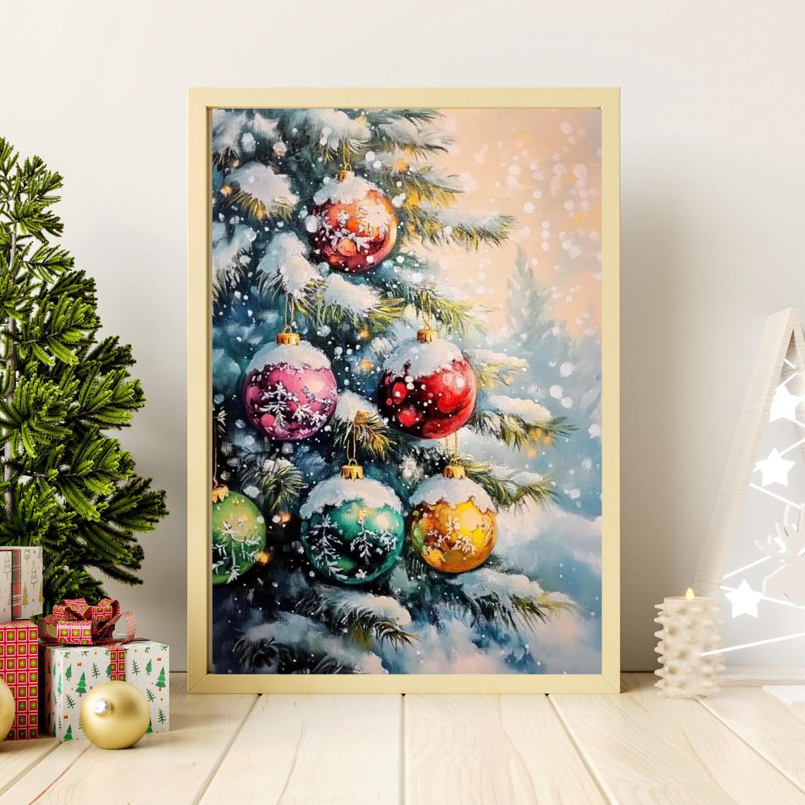 Snowy Christmas Tree Branch Colorful Bauble Winter Art Poster - Image 4