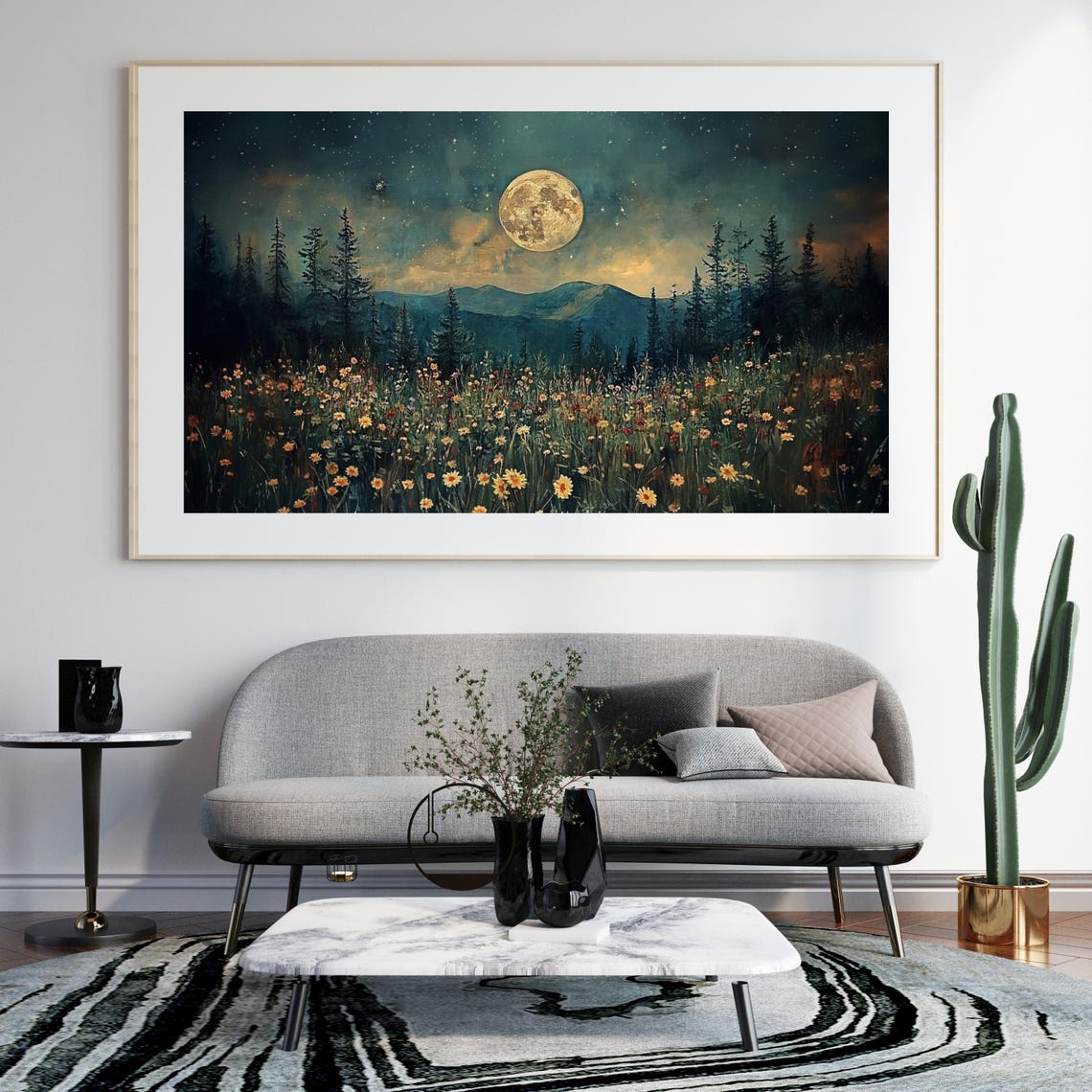 Midnight Meadow Full Moon Starry Night Sky Wildflower Scenery Poster - Image 6