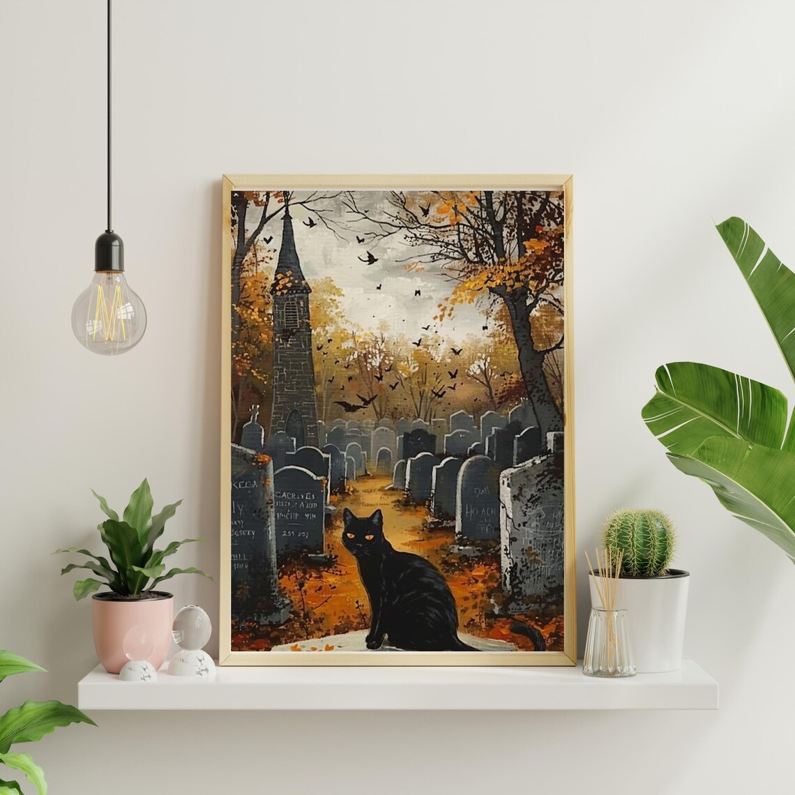 Black Cat In Autumn Graveyard With Old Church Halloween Painting Poster - Image 4