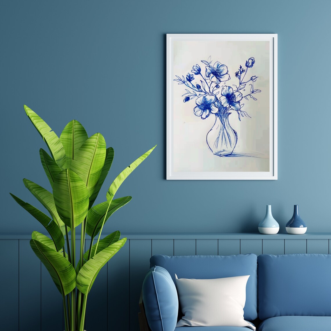 Blue Ink Sketch Wildflowers In Vase Minimalist Line Art Poster - Image 5