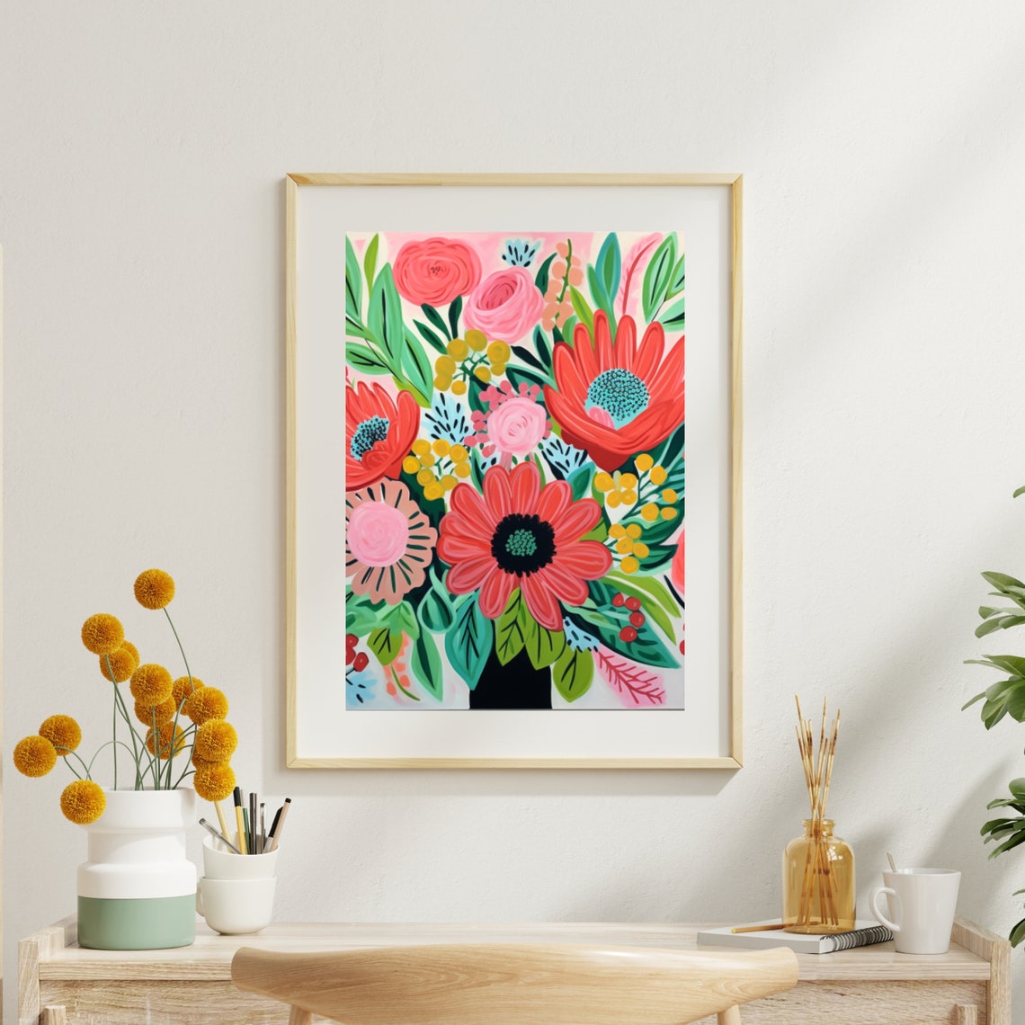 Cheerful Floral Bouquet Illustration with Coral Daisies Wall Art - Image 5