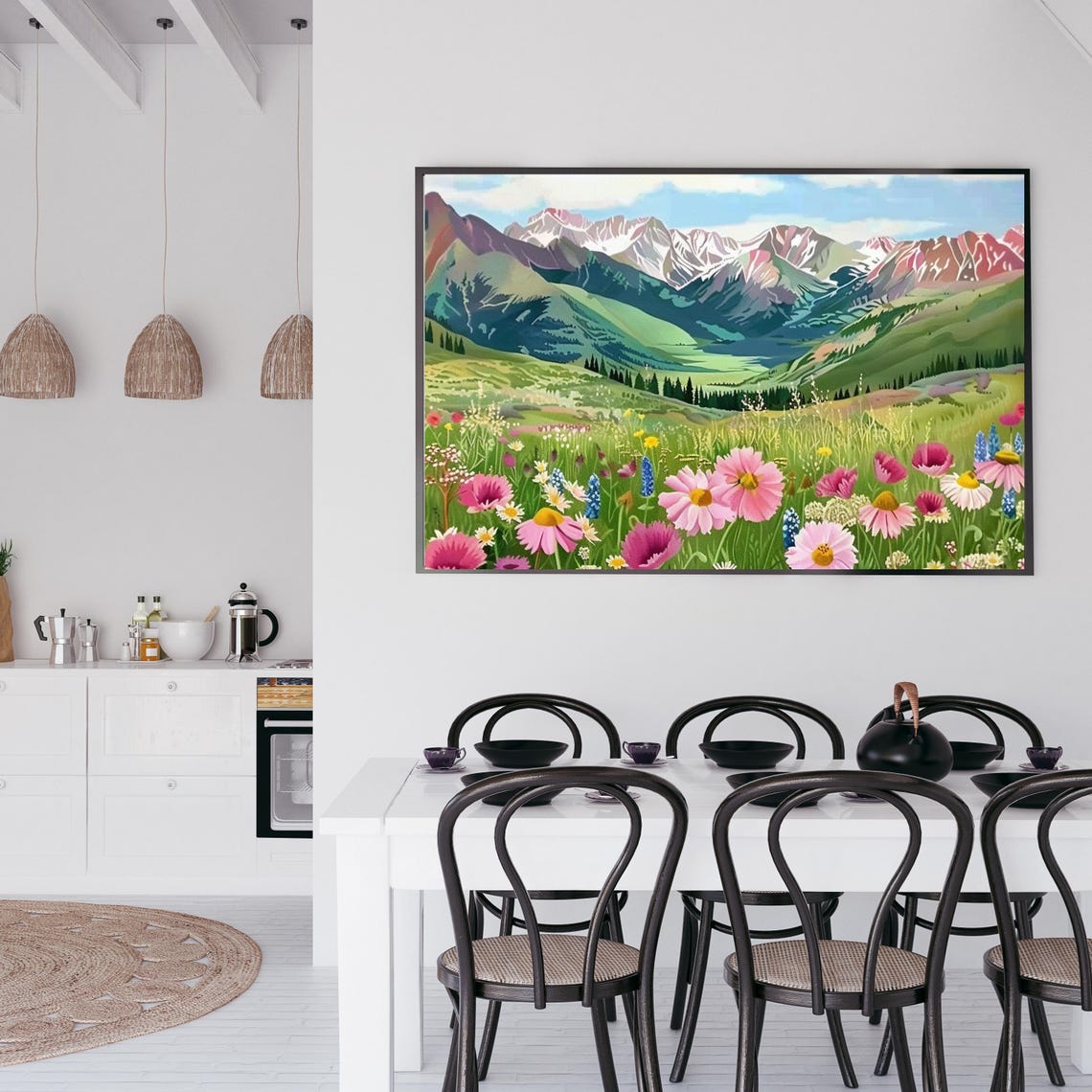 Alpine Wildflower Meadow Pink Daisy Mountain Landscape Art Poster - Image 4