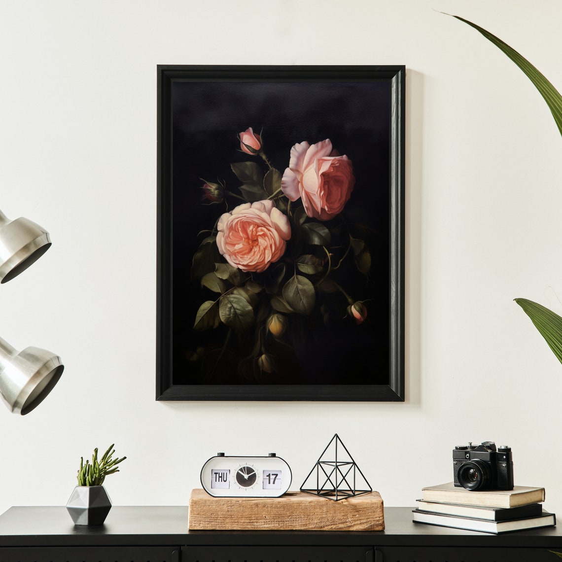 Moody Pink Roses On Black Dark Academia Floral Painting Poster - Image 6