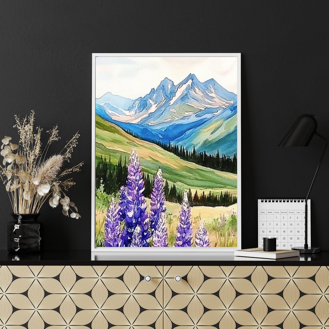 Alpine Lupine Flowers Blue Mountain Watercolor Landscape Poster - Image 6