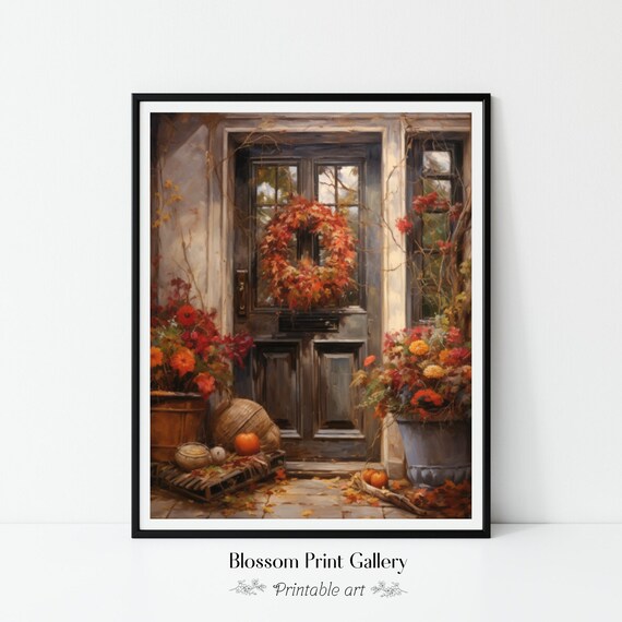 Rustic Autumn Front Door With Wreath And Pumpkins Fall Poster