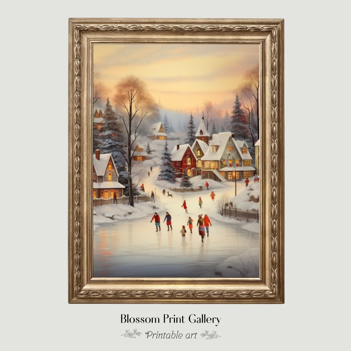 Snowy Winter Village Ice Skating at Golden Dusk Painting Poster - Image 6