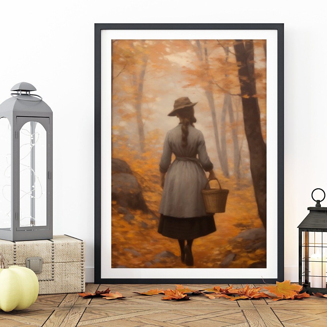 Woman with Basket Walking Through Golden Autumn Forest Poster - Image 6