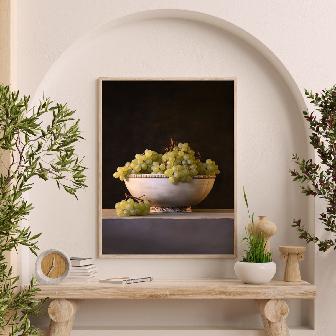 Green Grapes In White Ceramic Bowl Dark Background Still Life Poster - Image 5