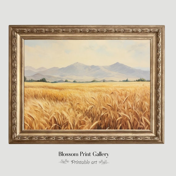 Wheat Field Landscape Oil Painting Farmhouse Decor Living Room Art Rustic Country Field Landscape 494