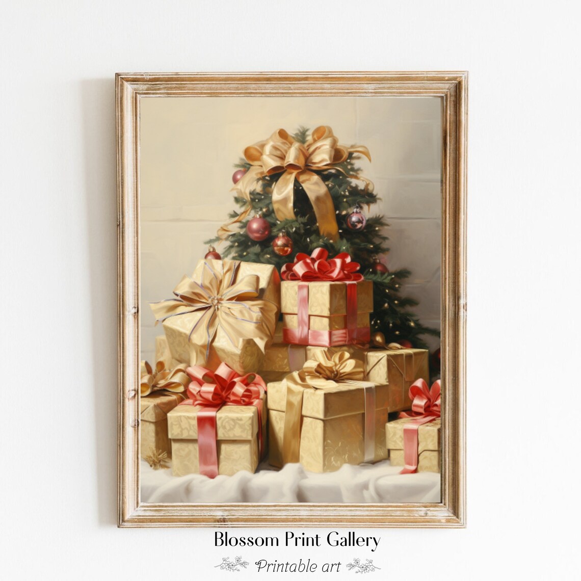 Christmas Tree with Gold Bow and Wrapped Gifts Painting Poster