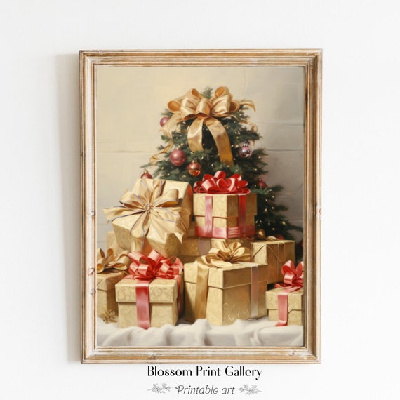 Rustic Winter Wall Art Gift Stack Still Life Moody Cottagecore Vintage Christmas Oil Painting Holiday Decor 203