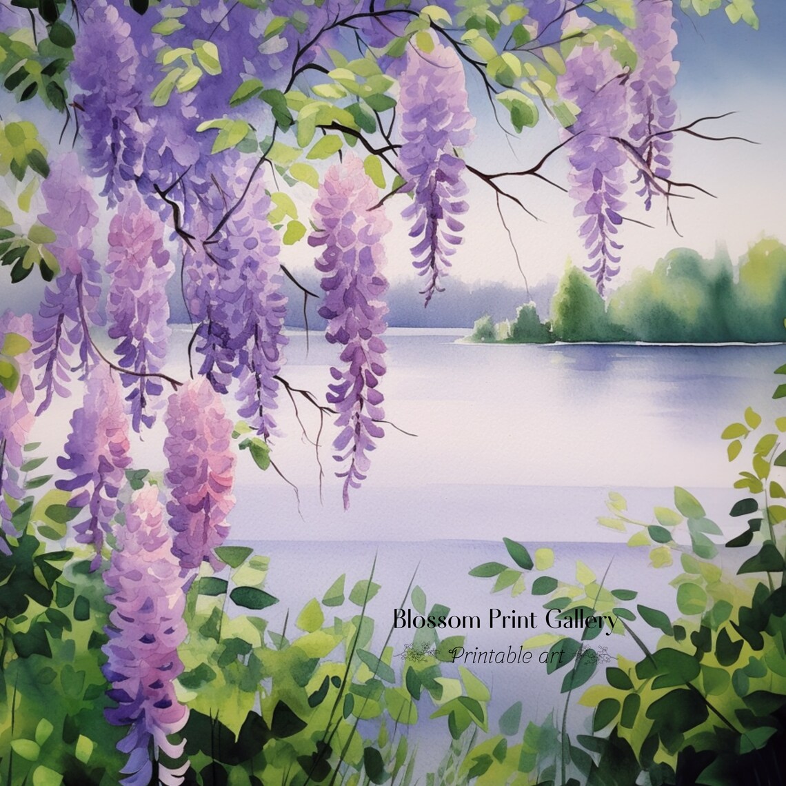 Purple Wisteria Blooming Over Calm Lake Spring Watercolor Poster - Image 2