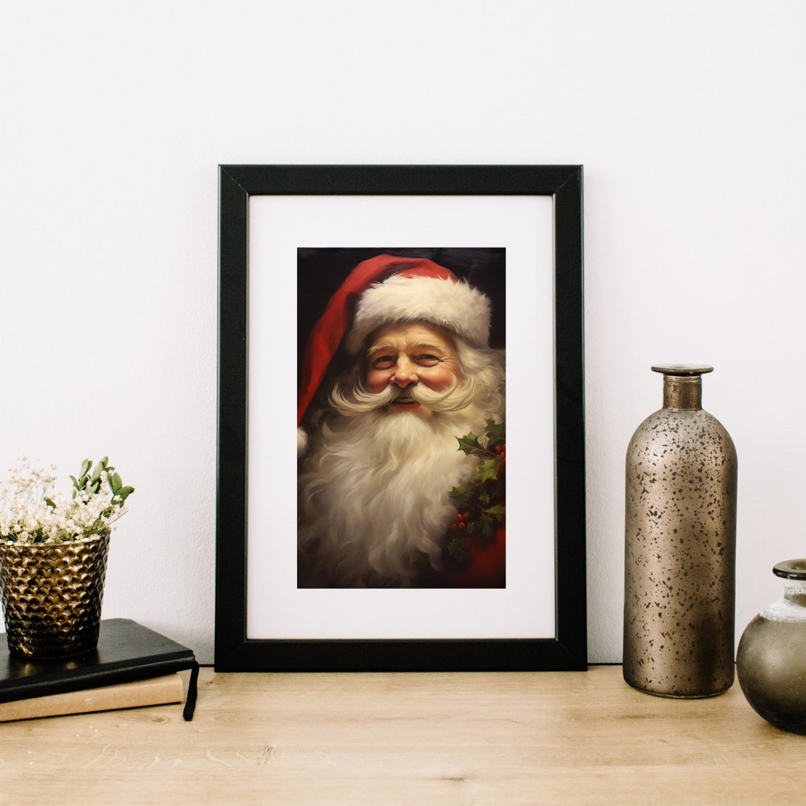 Vintage Santa Claus Portrait Red Hat Holly Classic Art Poster - Image 5