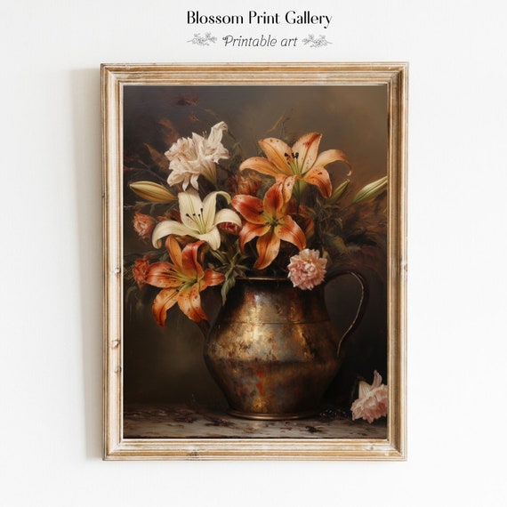 Moody Flower Oil Painting Antique Still Life Art Print Farmhouse Decor Rustic Botanical Wall Art Dark Academia Floral 329