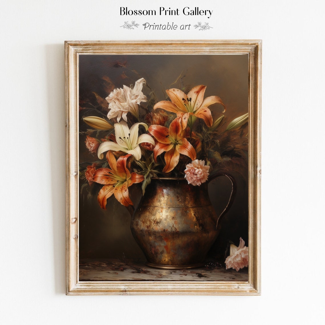 White And Orange Lilies In Brass Pitcher Vintage Floral Poster