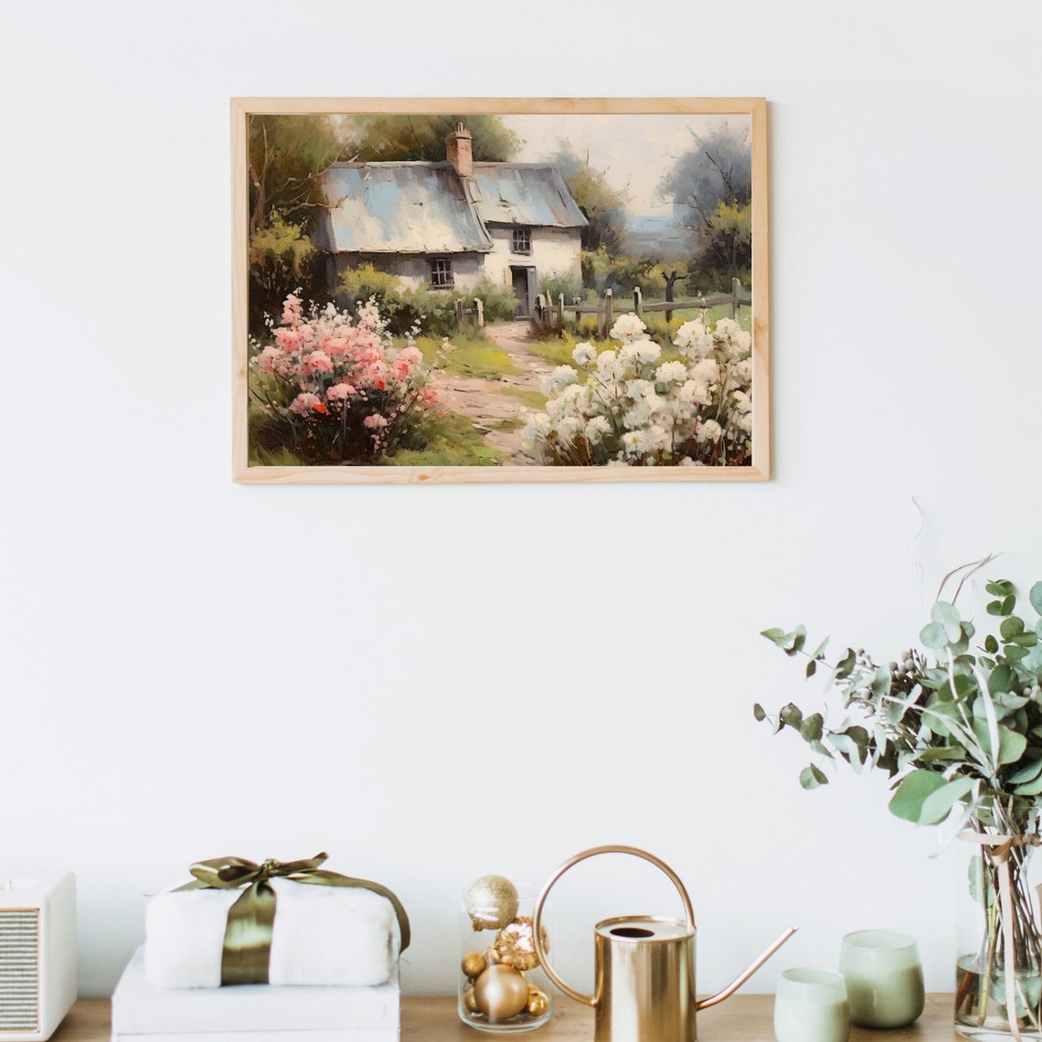 Cozy Cottage Surrounded By Pink And White Blossom Bushes Print - Image 4