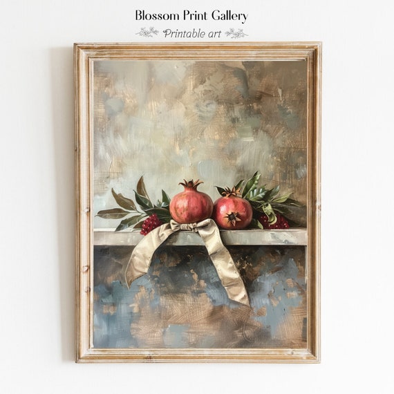 Moody Pomegranate Painting Vintage Fruit Still Life Kitchen Home Decor Antique Oil Painting Country Kitchen Wall Art 551
