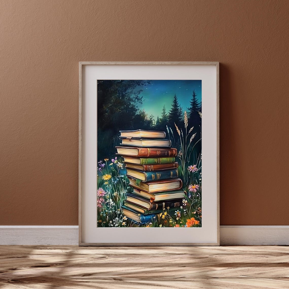 Stack of Old Books in a Moonlit Meadow Enchanted Night Poster - Image 5