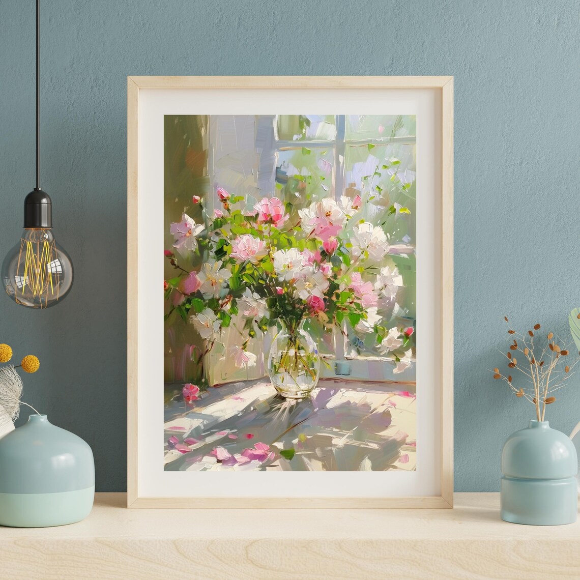 Sunlit Pink Roses in Glass Vase by Window Impressionist Floral Painting Poster - Image 3