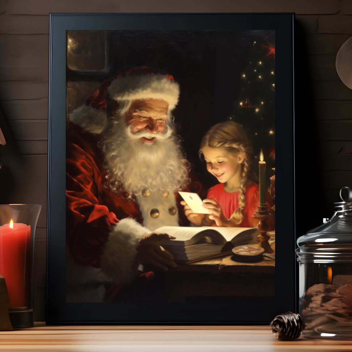 Santa Claus Little Girl Christmas Card Reading Painting Poster - Image 4