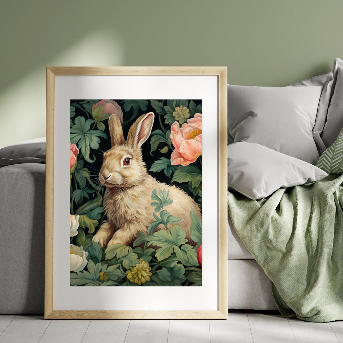 Rabbit in a Vintage Peony Garden Painting Morris Style Poster - Image 4