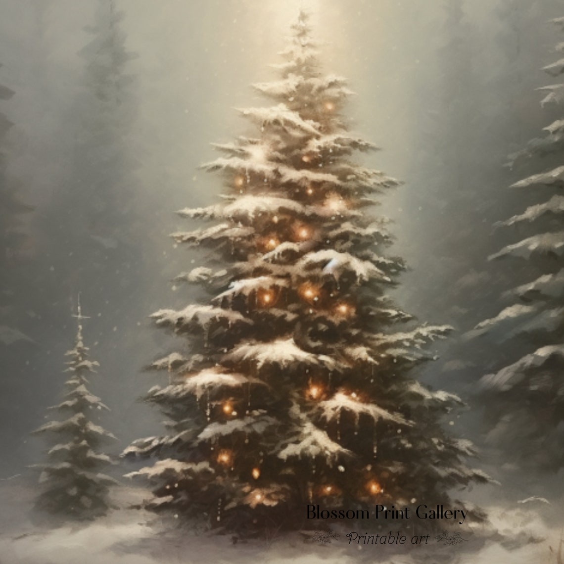 Snowy Pine Tree with Warm Lights Vintage Winter Landscape Poster - Image 3