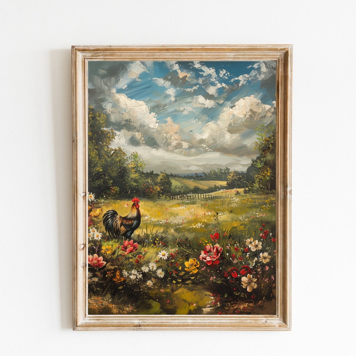 Rooster Wildflower Meadow Dramatic Cloudy Sky Country Art Poster