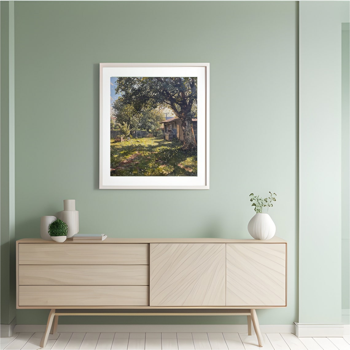 Sunlit Country Garden with Rustic Cabin under Big Tree Painting Poster - Image 3