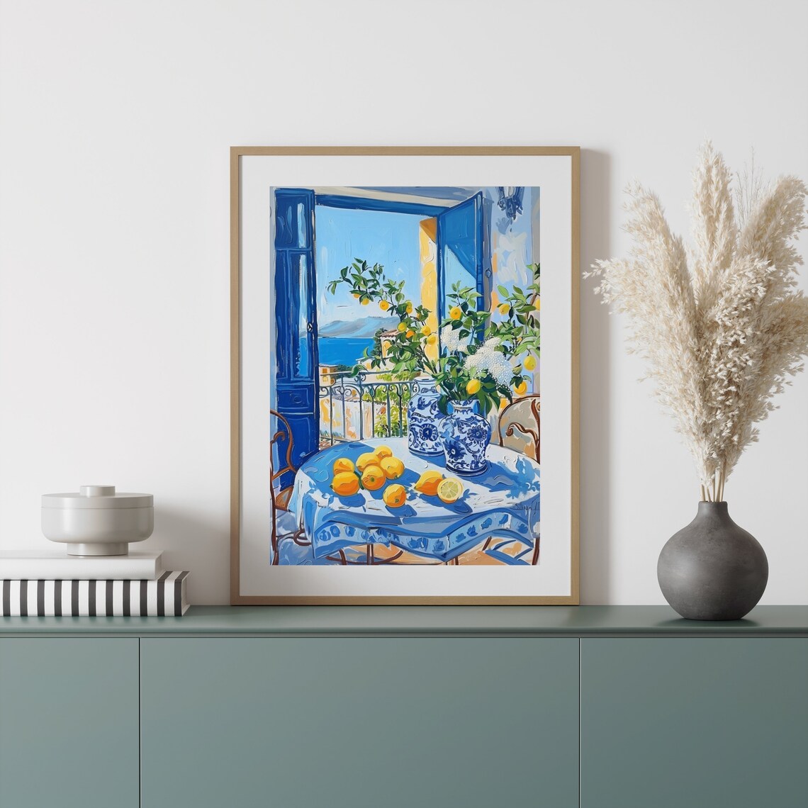 Sunny Mediterranean Balcony with Lemons and Blue Shutters Painting Poster - Image 2