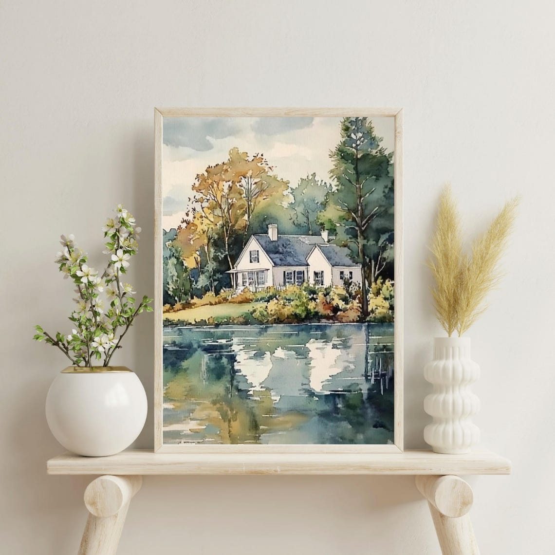 White Lake House Watercolor with Trees Reflected in Water Poster - Image 5