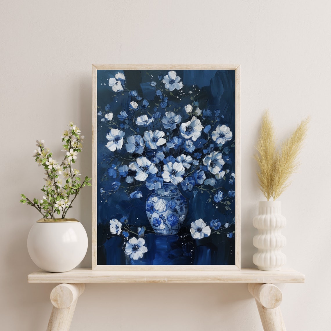 Blue And White Flowers In A Porcelain Vase On A Dark Background Print - Image 4