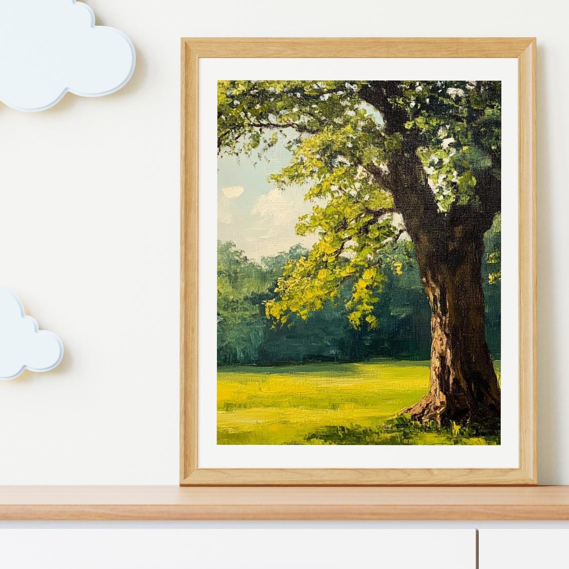 Majestic Oak Tree Sunlit Green Meadow Summer Landscape Poster - Image 3
