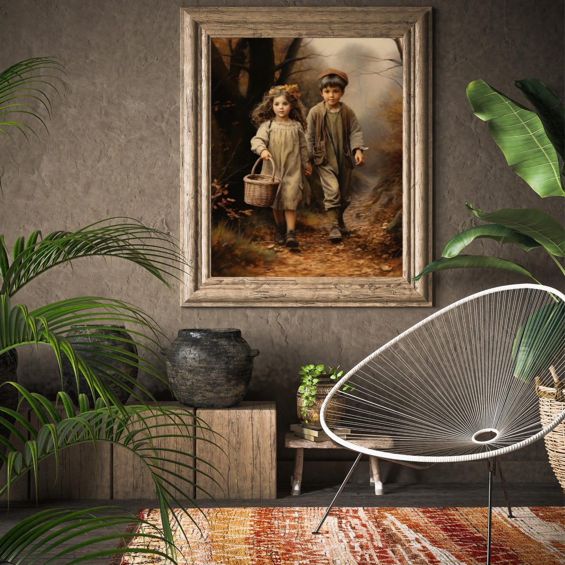 Children Walking Autumn Forest Path With Basket Vintage Poster - Image 2