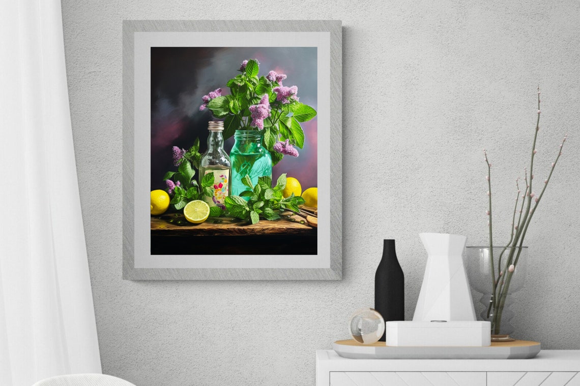 Green Glass Bottle with Lemons and Pink Flowers Still Life Poster - Image 5